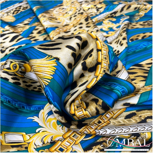 Шелк атласный стрейч принт Versace полосы, цепи, ремни с леопардом в бирюзовых тонах