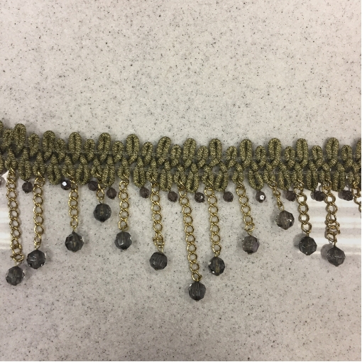 Тесьма нарядная стрейч с цепочками и стразами оливково-золотистого цвета (1шт - 30см)