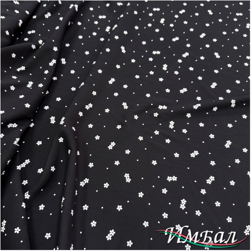 Вискоза плательная принт мелкие белые цветочки на черном фоне