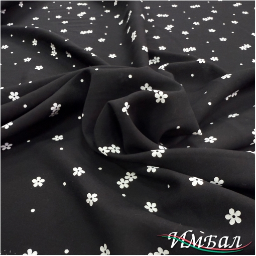 Вискоза плательная принт мелкие белые цветочки на черном фоне
