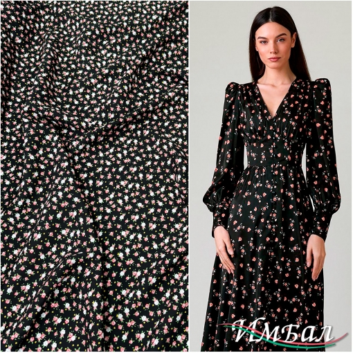 Вискоза плательная принт бабушкин сундук мелкие розочки на черном фоне