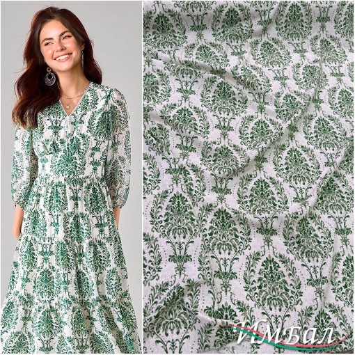 Вискоза плательная струящаяся принт зеленые везеля на молочном фоне