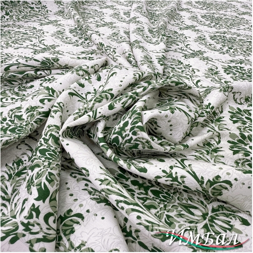 Вискоза плательная струящаяся принт зеленые везеля на молочном фоне