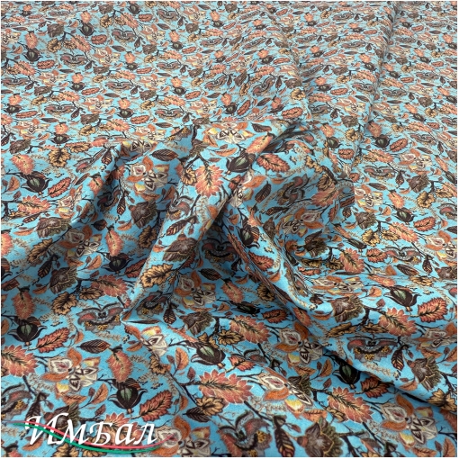 Хлопок стрейч плательно-рубашечный мелкий коралловый узор на голубом фоне