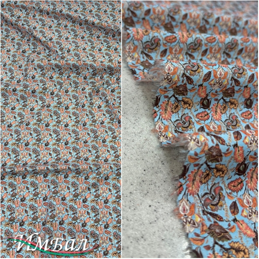 Хлопок стрейч плательно-рубашечный мелкий коралловый узор на голубом фоне