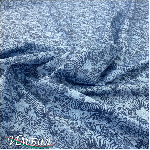 Хлопок стрейч плательно-рубашечный принт Giamba цветы и тигры на джинсово-синем фоне