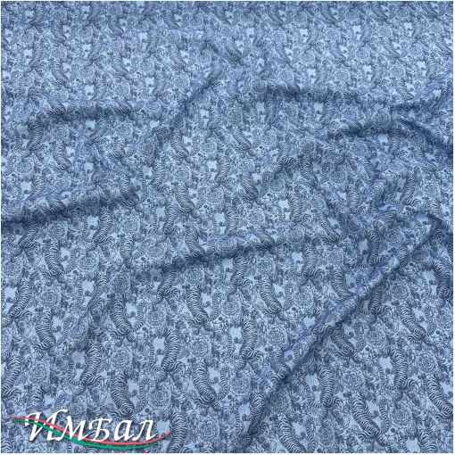 Хлопок стрейч плательно-рубашечный принт Giamba цветы и тигры на джинсово-синем фоне