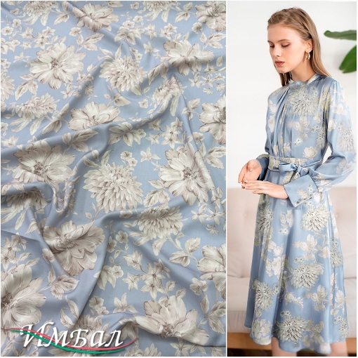 Вискоза плательная струящаяся принт ванильно-песочные пионы на голубом фоне