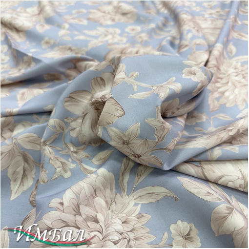 Вискоза плательная струящаяся принт ванильно-песочные пионы на голубом фоне