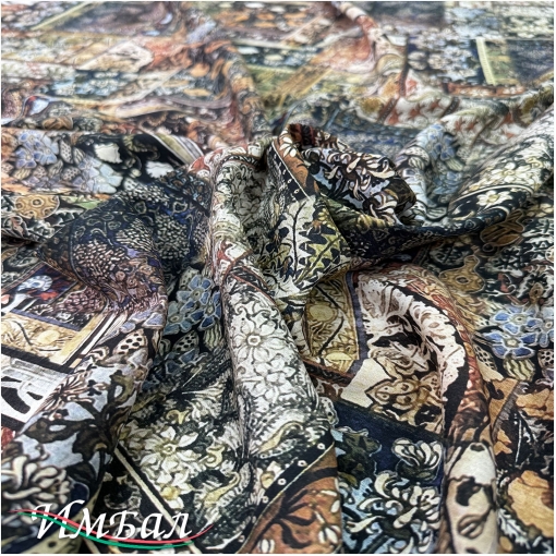 Вискоза плательная струящаяся принт пэчворк в коричнево-сизой гамме
