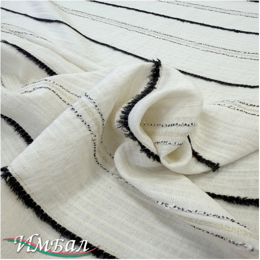 Хлопок со льном фактурный вышитые черно-золотые полосы на ванильном фоне