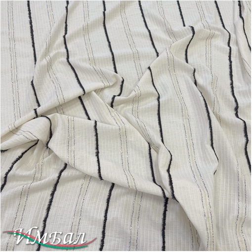 Хлопок со льном фактурный вышитые черно-золотые полосы на ванильном фоне