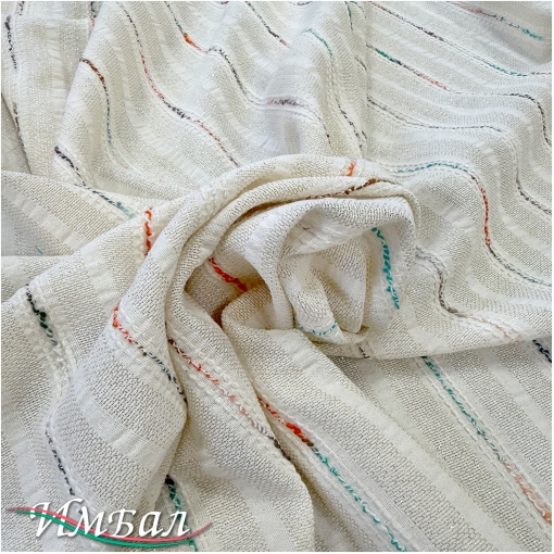 Хлопок со льном фактурный вышитые оранжево-бирюзовые полосы на ванильном фоне