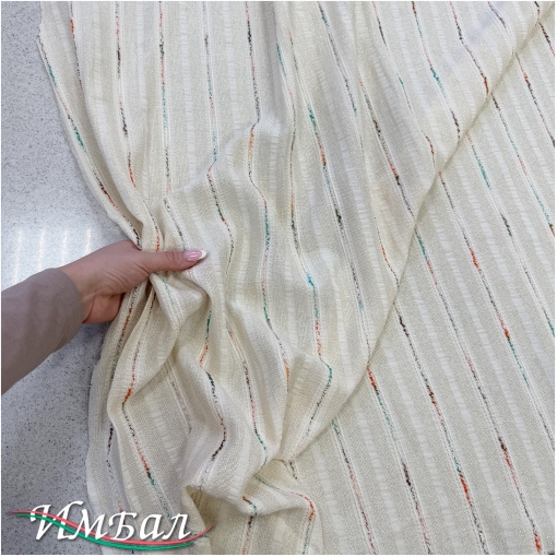 Хлопок со льном фактурный вышитые оранжево-бирюзовые полосы на ванильном фоне