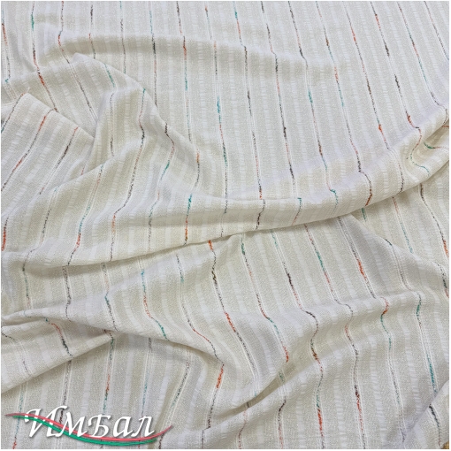 Хлопок со льном фактурный вышитые оранжево-бирюзовые полосы на ванильном фоне