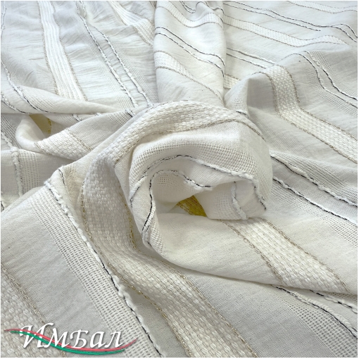 Хлопок со льном фактурный вышитые золотистые полосы на ванильном фоне