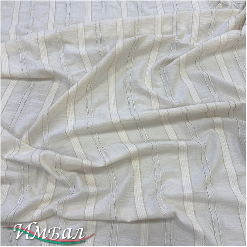 Хлопок со льном фактурный вышитые золотистые полосы на ванильном фоне