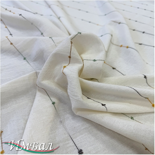 Хлопок со льном фактурный вышитые разноцветные полосы на ванильном фоне