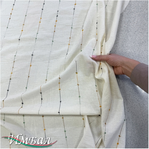 Хлопок со льном фактурный вышитые разноцветные полосы на ванильном фоне