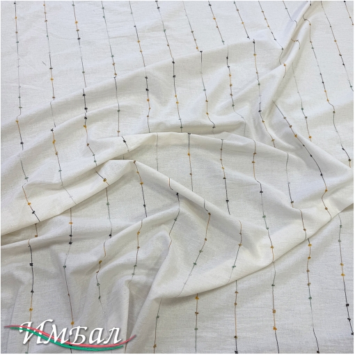 Хлопок со льном фактурный вышитые разноцветные полосы на ванильном фоне