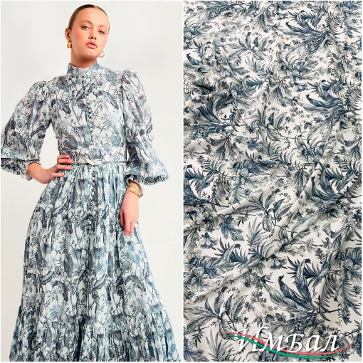 Вискоза плательная струящаяся принт оливково-голубые листья на молочном фоне