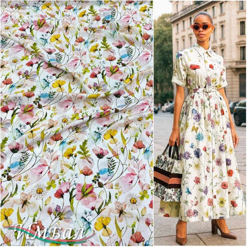 Вискоза плательная струящаяся дизайн желтые и розовые маки на молочном фоне