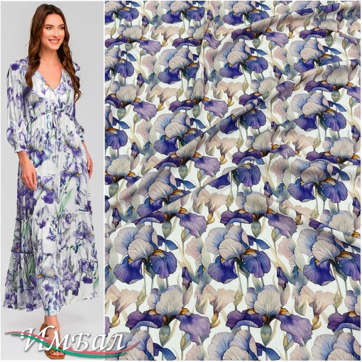 Вискоза плательная струящаяся дизайн сиреневые ирисы на молочном фоне