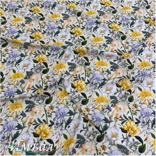 Вискоза плательная струящаяся дизайн желто-сиреневые полевые цветы на молочном фоне