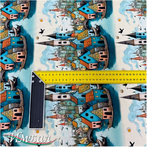 Вискоза плательная струящаяся дизайн бирюзовые готические домики