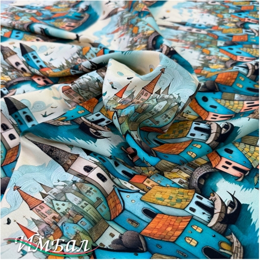 Вискоза плательная струящаяся дизайн бирюзовые готические домики