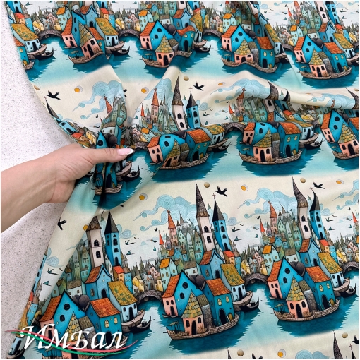 Вискоза плательная струящаяся дизайн бирюзовые готические домики