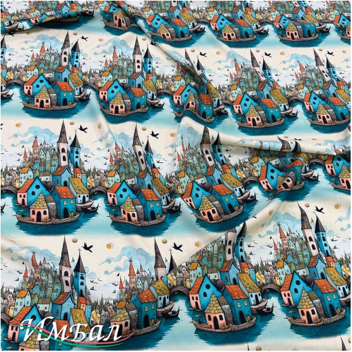 Вискоза плательная струящаяся дизайн бирюзовые готические домики