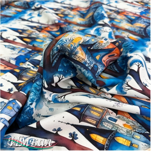 Вискоза плательная струящаяся дизайн синие готические домики