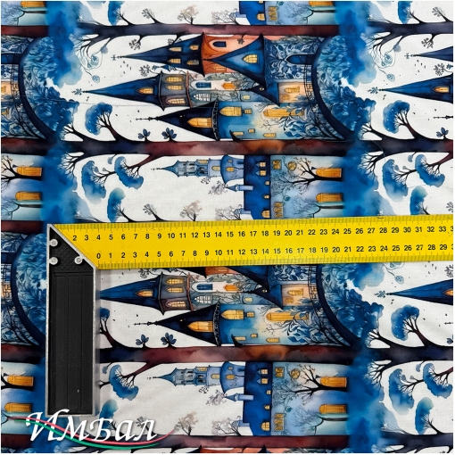 Вискоза плательная струящаяся дизайн синие готические домики