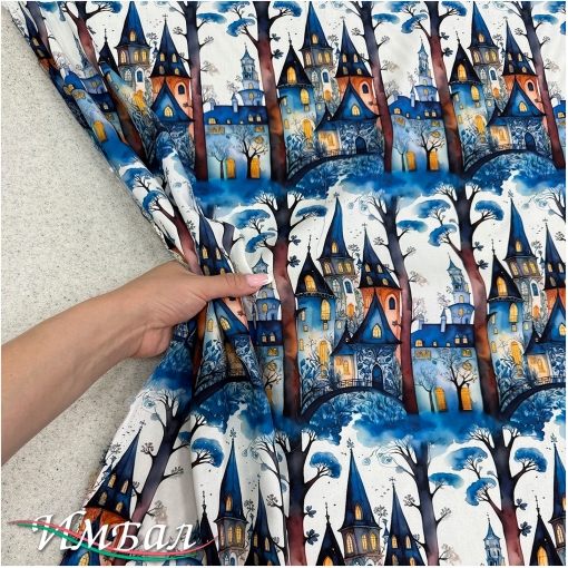Вискоза плательная струящаяся дизайн синие готические домики