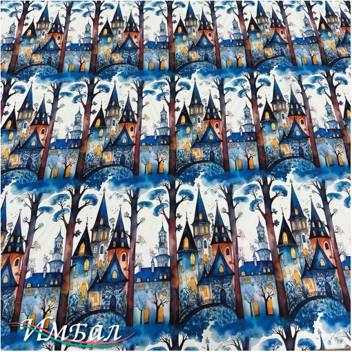 Вискоза плательная струящаяся дизайн синие готические домики