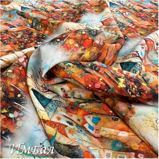 Вискоза плательная струящаяся дизайн готические домики в коралловых тонах