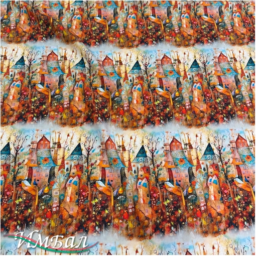 Вискоза плательная струящаяся дизайн готические домики в коралловых тонах