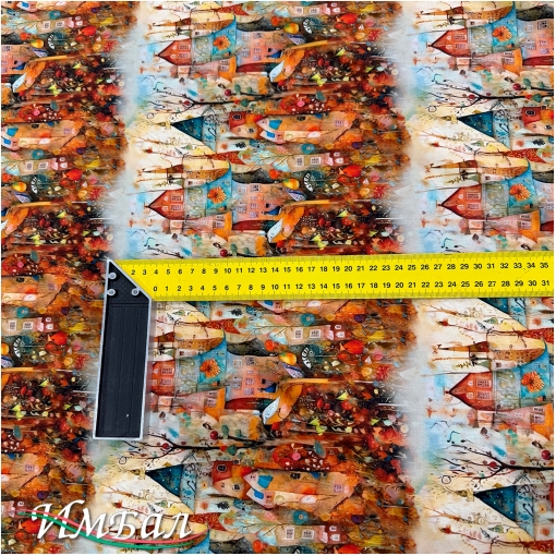 Вискоза плательная струящаяся дизайн готические домики в коралловых тонах