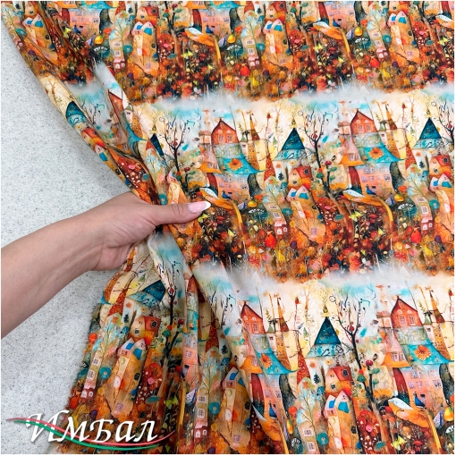 Вискоза плательная струящаяся дизайн готические домики в коралловых тонах