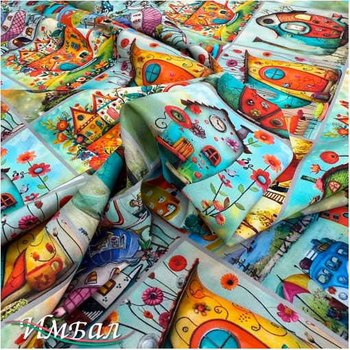 Вискоза плательная струящаяся дизайн пэчворк со сказочными чайниками