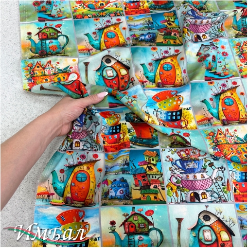 Вискоза плательная струящаяся дизайн пэчворк со сказочными чайниками