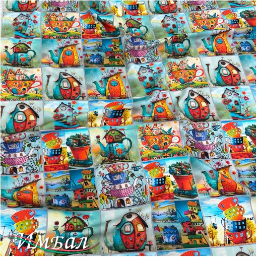 Вискоза плательная струящаяся дизайн пэчворк со сказочными чайниками