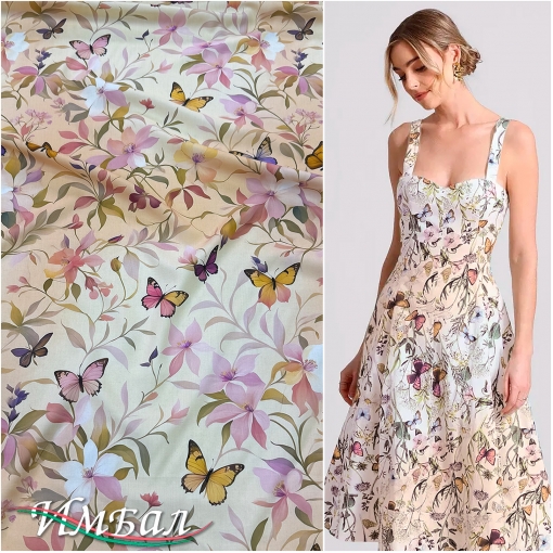 Вискоза плательная струящаяся дизайн цветы и бабочки на песочном фоне