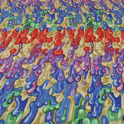 Полуматовый шелк с абстрактным рисунком в красно-синих тонах