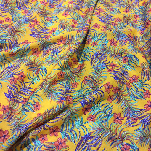Вискоза плательная креш стрейч Max Mara пальмовые ветви на желтом