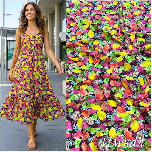 Хлопок рубашечный принт сочные фрукты на чёрном фоне
