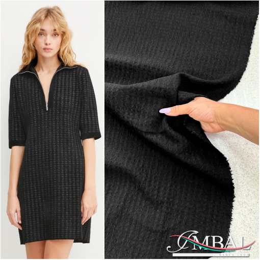 Ткань плательная Sportmax шерстяная фактурная клеточка черного цвета