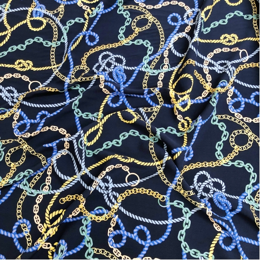 Вискоза мягкая плательная стрейч принт Versace цепи и канаты на темно-синем фоне