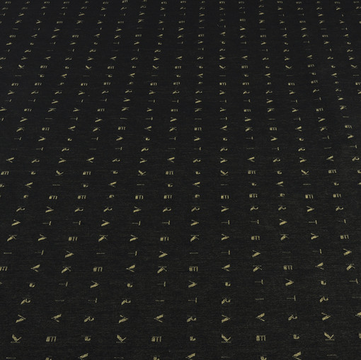 Джинсовая ткань стрейч угольного цвета с буквенным орнаментом золотого оттенка
